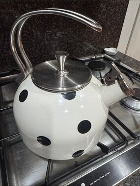 Kate Spade White Polka Dot Whistling Kettle with Stainless Handle